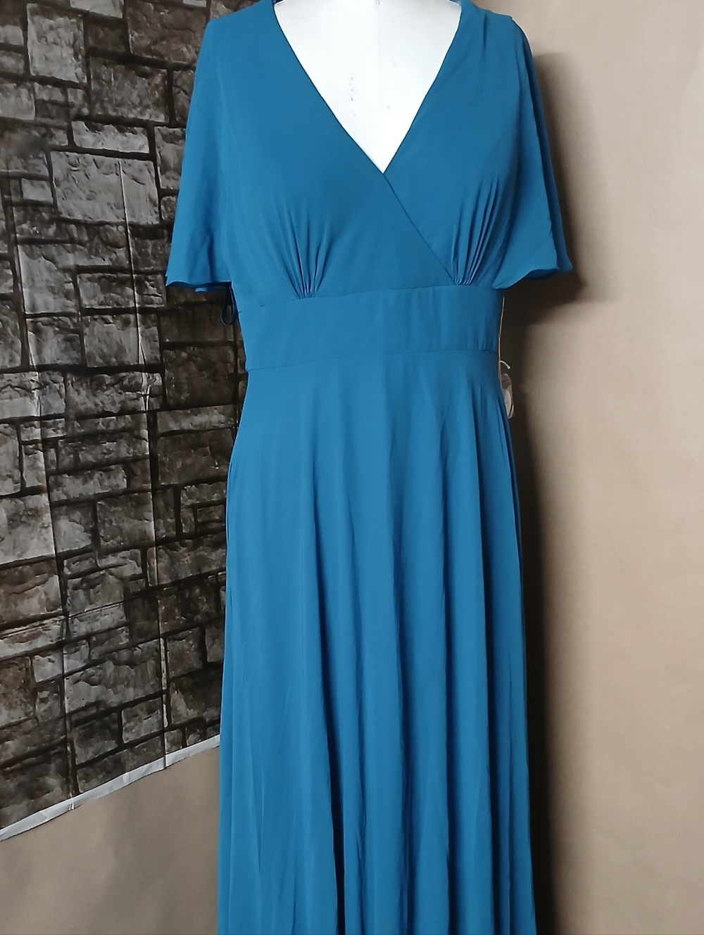Kennedy Blue Teal V-Neck Maxi  Flutter Sleeves Bridesmaids Evening Dress.